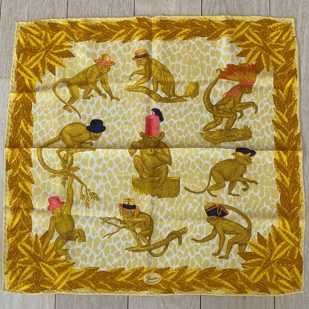 Gucci Vibrant Yellow and Gold Monkey silk Pocket Square